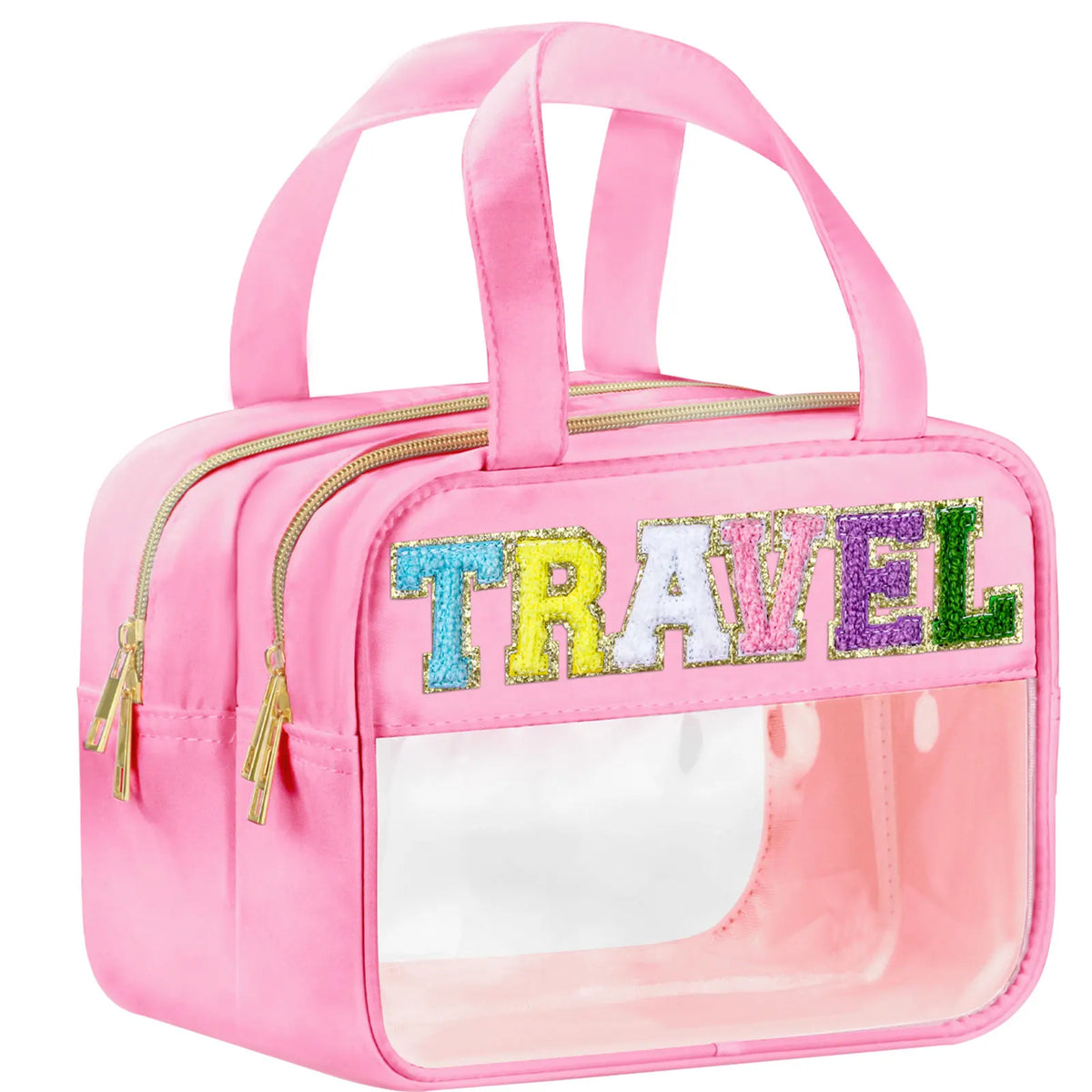 Pink clear makeup bag featuring a travel theme with a chenille letter design.