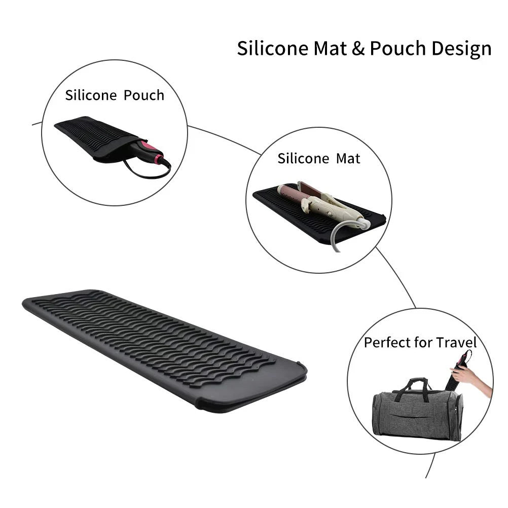 Diagram showing the design of a silicone mat and pouch for styling tools, including the mat and separate pouch views.