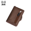 A brown carbon fiber wallet with a zippered compartment and RFID blocking features.