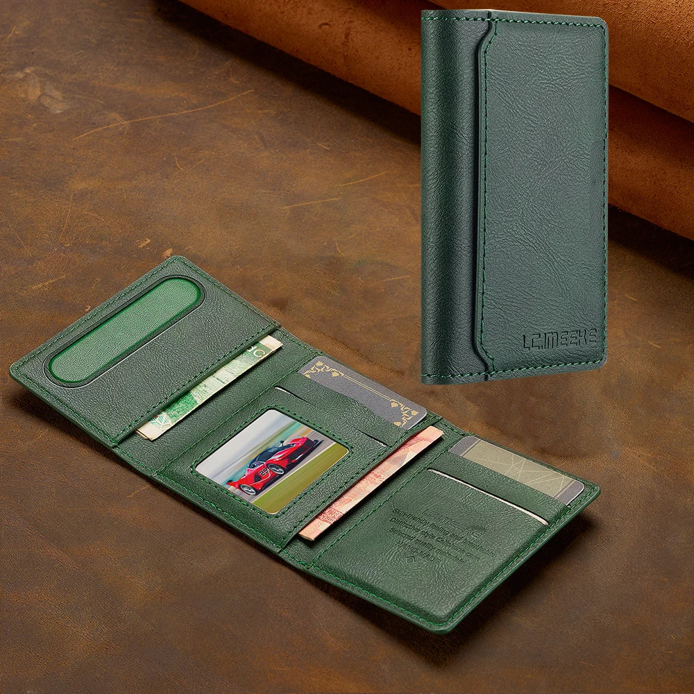 A dark green multi-card wallet with a protective cover and a phone grip stand is displayed on a brown surface.