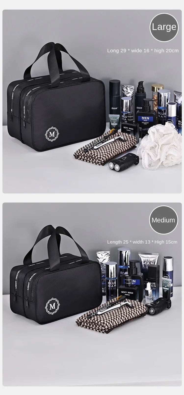 Eine große schwarze Trocken-Nass-Make-up-Organizer-Tasche mit verschiedenen Pflegeprodukten und -werkzeugen.