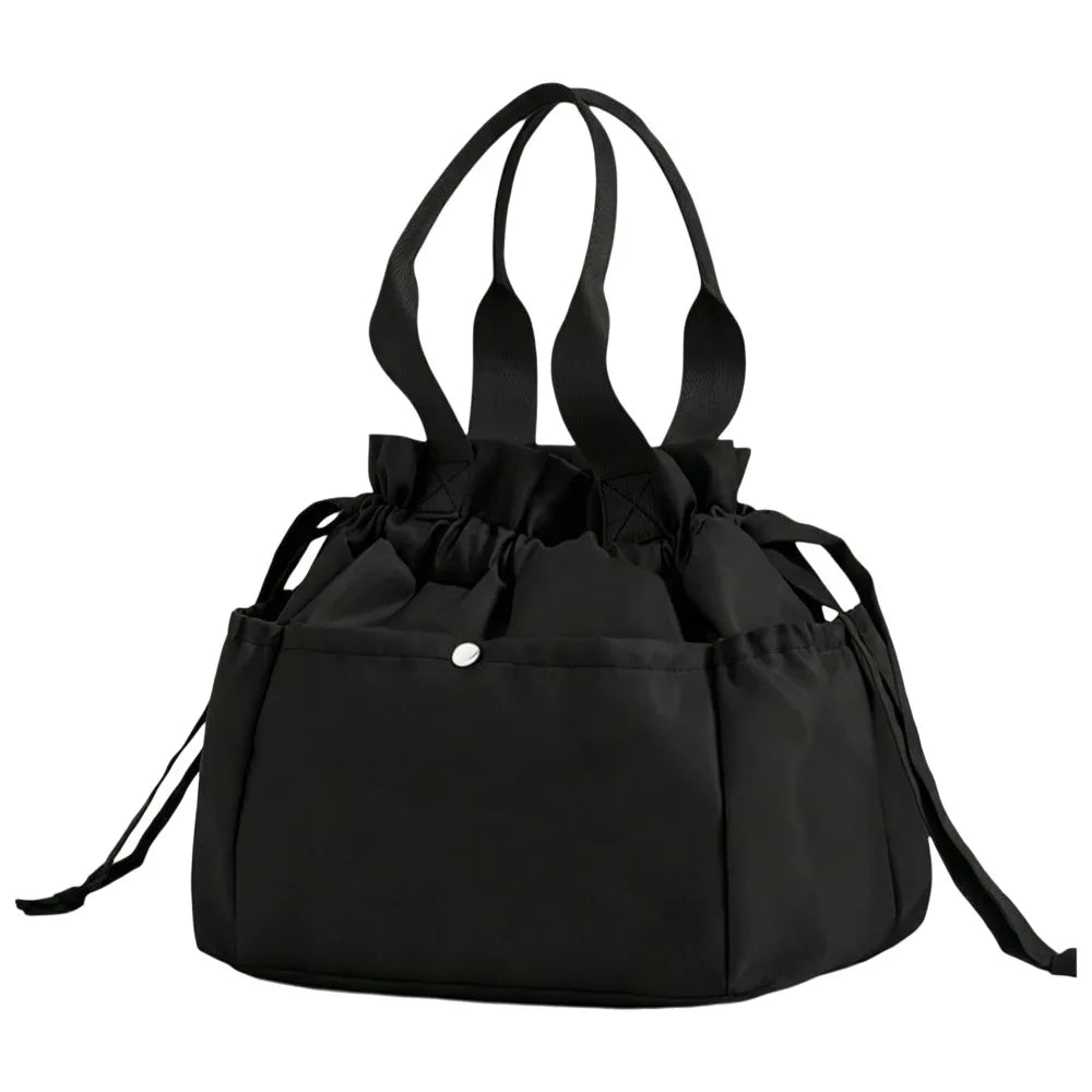 Black insulated drawstring lunch bag with multi-pocket storage