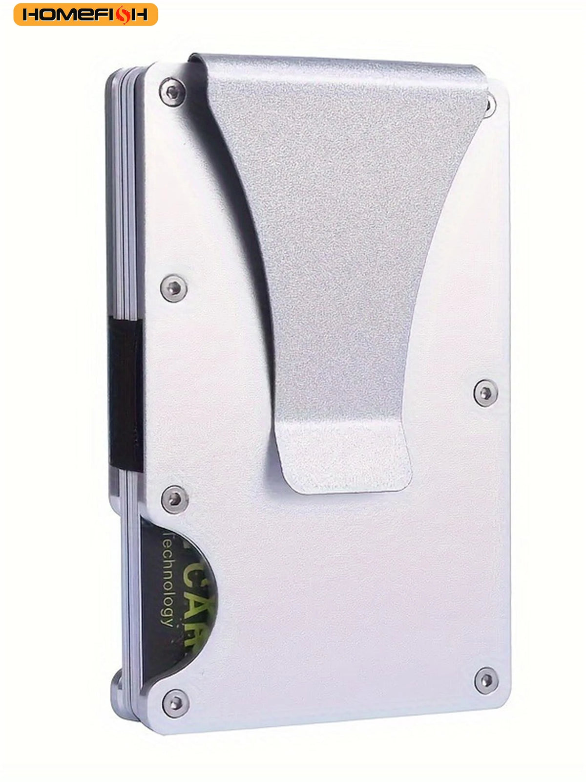 Cartera minimalista de aluminio con bloqueo RFID, acabado plateado y cubierta protectora.