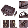 Genuine leather men's briefcase in dark brown with brass hardware shown from multiple angles
