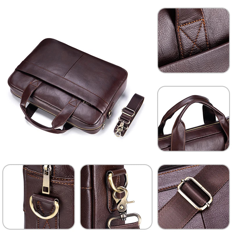Genuine leather men's briefcase in dark brown with brass hardware shown from multiple angles
