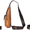 A brown men's PU leather crossbody sling bag shown from the side.
