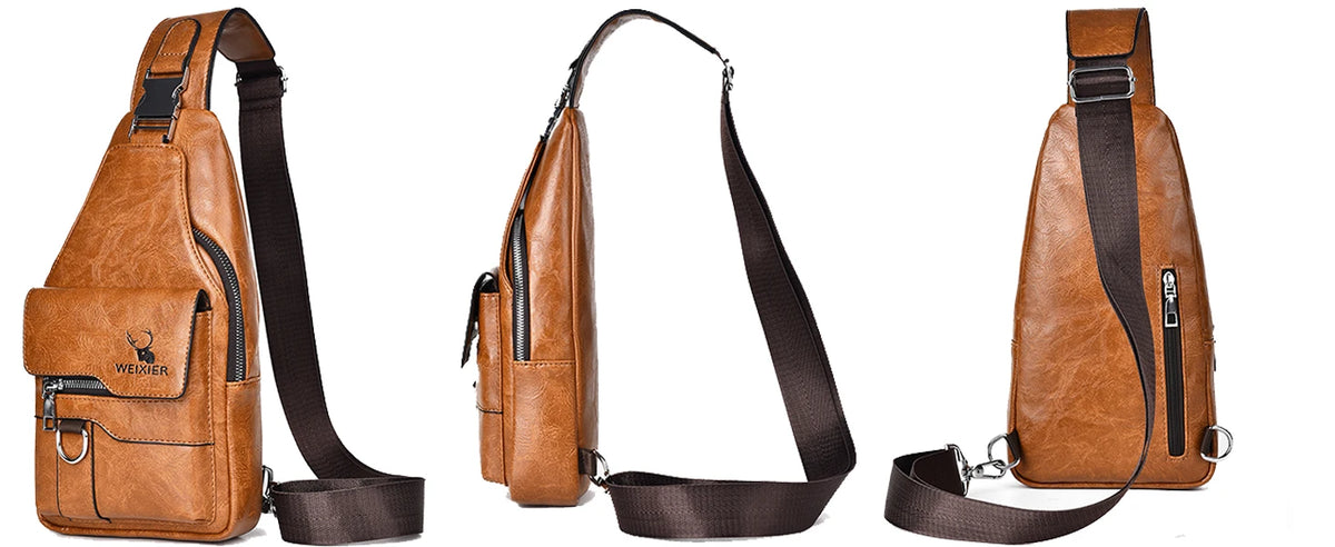 A brown men's PU leather crossbody sling bag shown from the side.