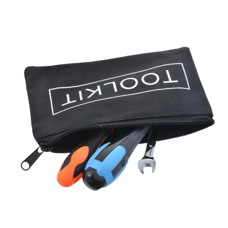 Black tool organizer bag with a zipper containing various tools like pliers and wrenches.