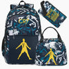 A dark blue and white sports backpack with a black rain cover featuring a yellow silhouette of a soccer player.