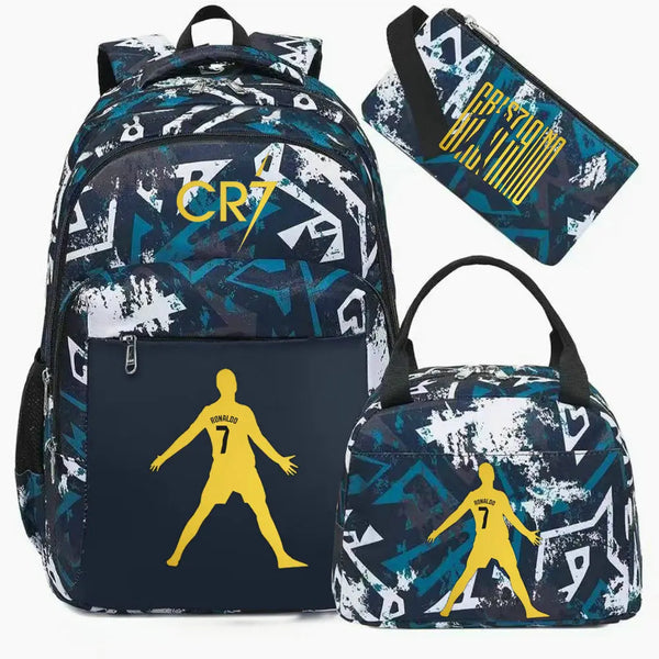 A dark blue and white sports backpack with a black rain cover featuring a yellow silhouette of a soccer player.