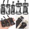 A set of black magnetic quick release buckles for belts and bags shown in various configurations and on a hand.