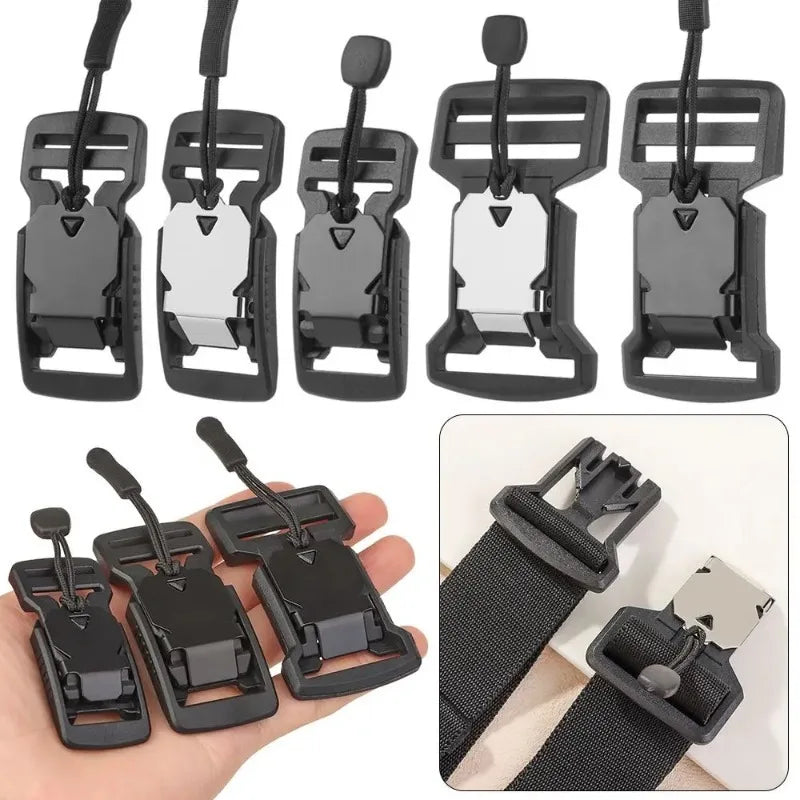 A set of black magnetic quick release buckles for belts and bags shown in various configurations and on a hand.