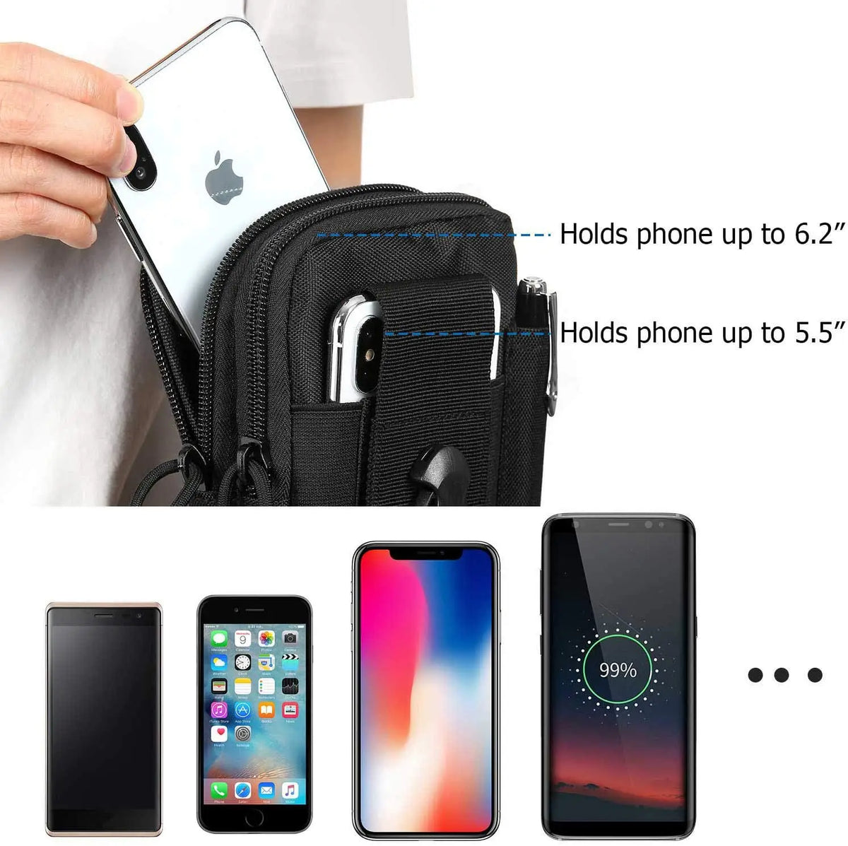 A black tactical utility pouch with a strap is shown holding various smartphones.