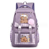 A purple canvas backpack featuring a cute capybara print and pink fluffy accents.