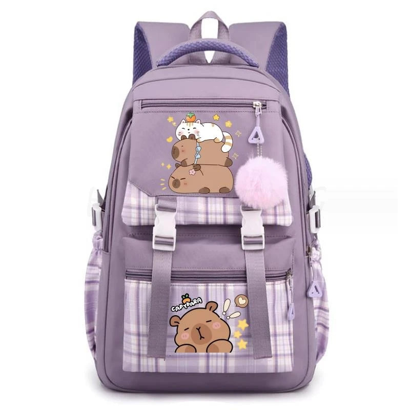 A purple canvas backpack featuring a cute capybara print and pink fluffy accents.