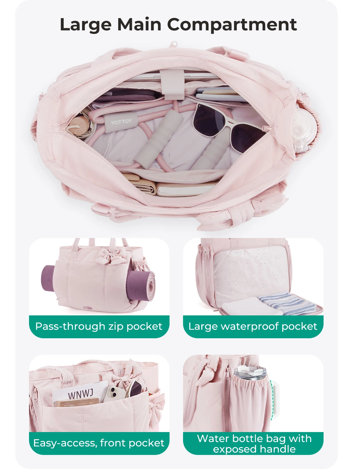 Pink large main compartment tote bag showing various internal and external pockets including pass-through, waterproof, and ea