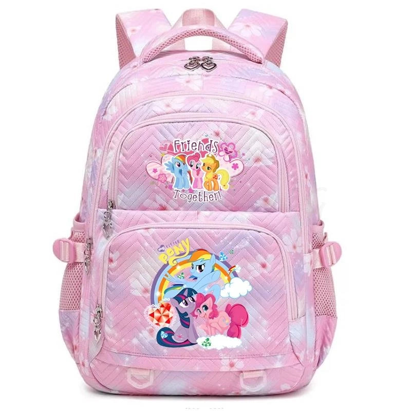Pink Friends themed backpack for students with a mesh pocket and adjustable straps