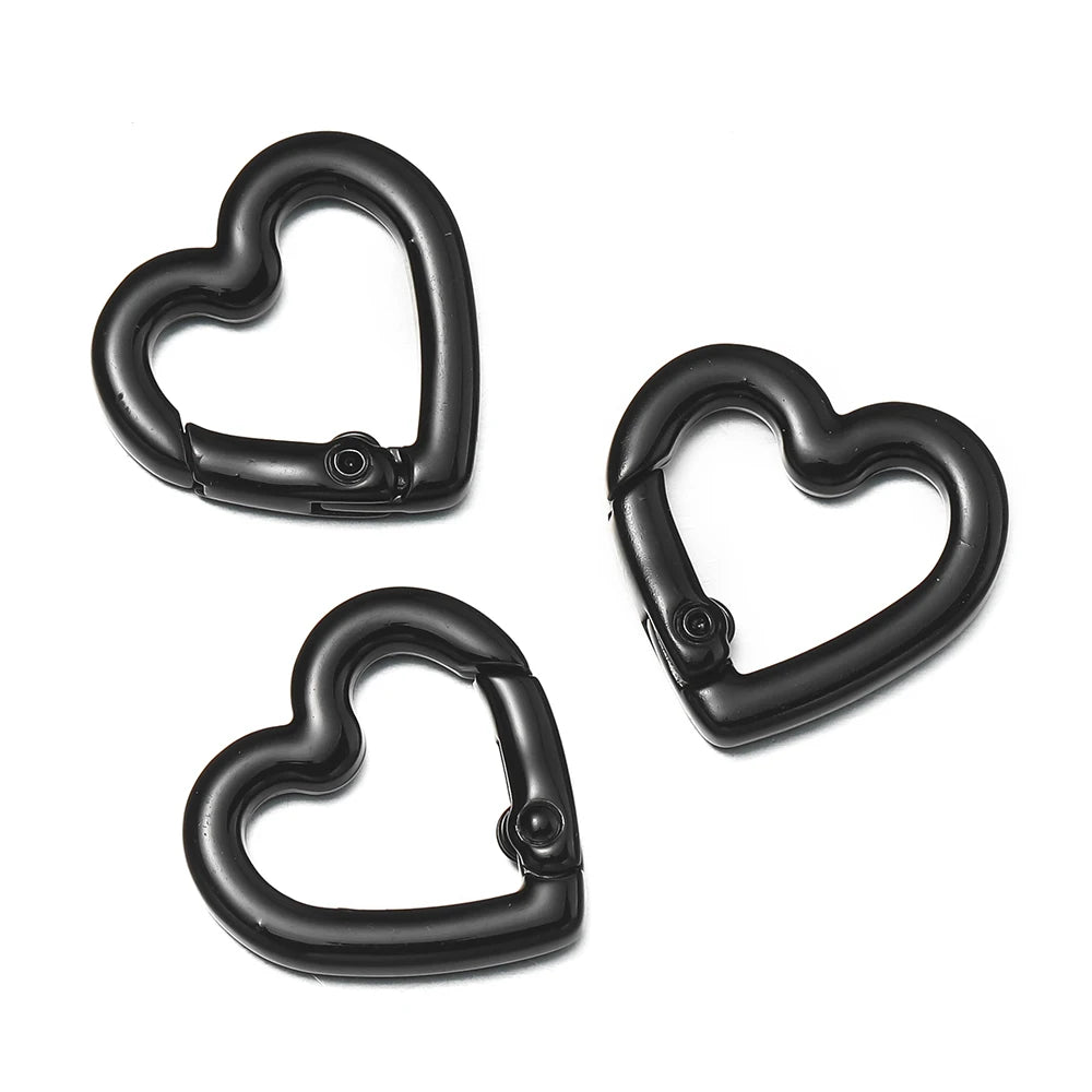 Three black heart-shaped metal spring clasps for DIY jewelry and keychains
