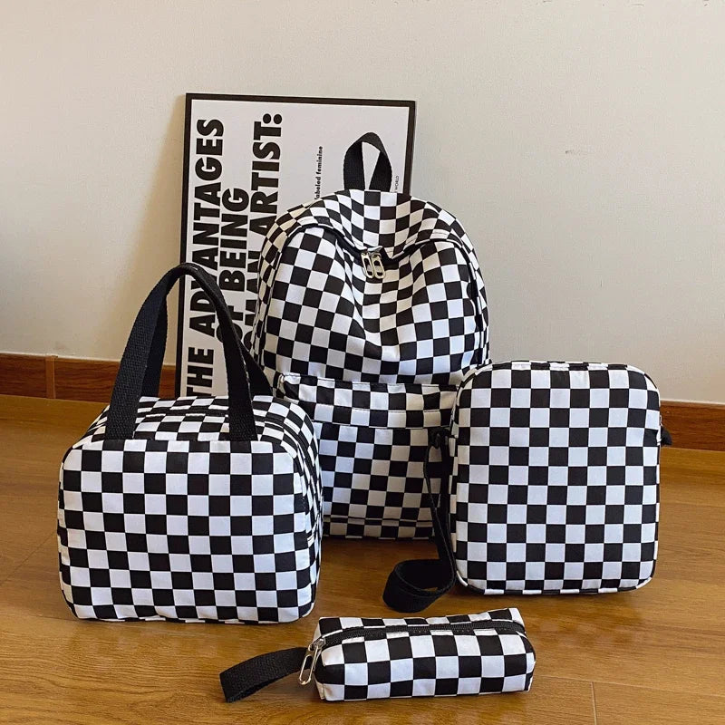 A black and white checkerboard multi-pocket backpack displayed on a wooden surface.