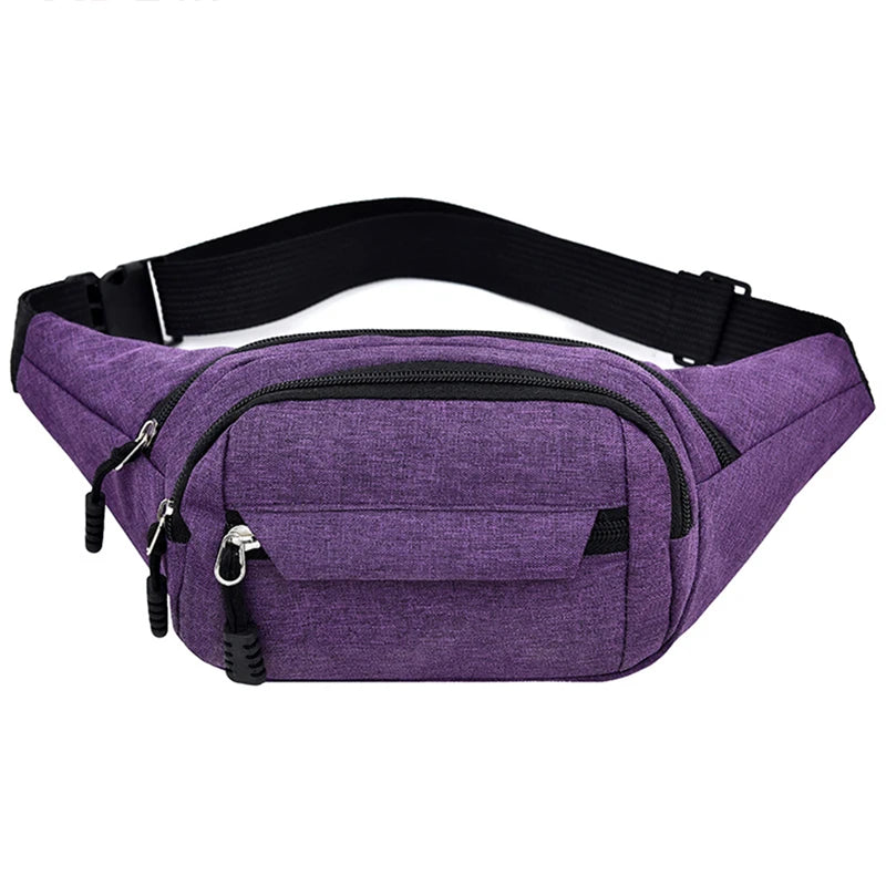 A purple canvas waist fanny bag with black strap and buckle.