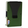 Cartera delgada de aluminio con bloqueo RFID, exterior verde oscuro y cubierta protectora negra.