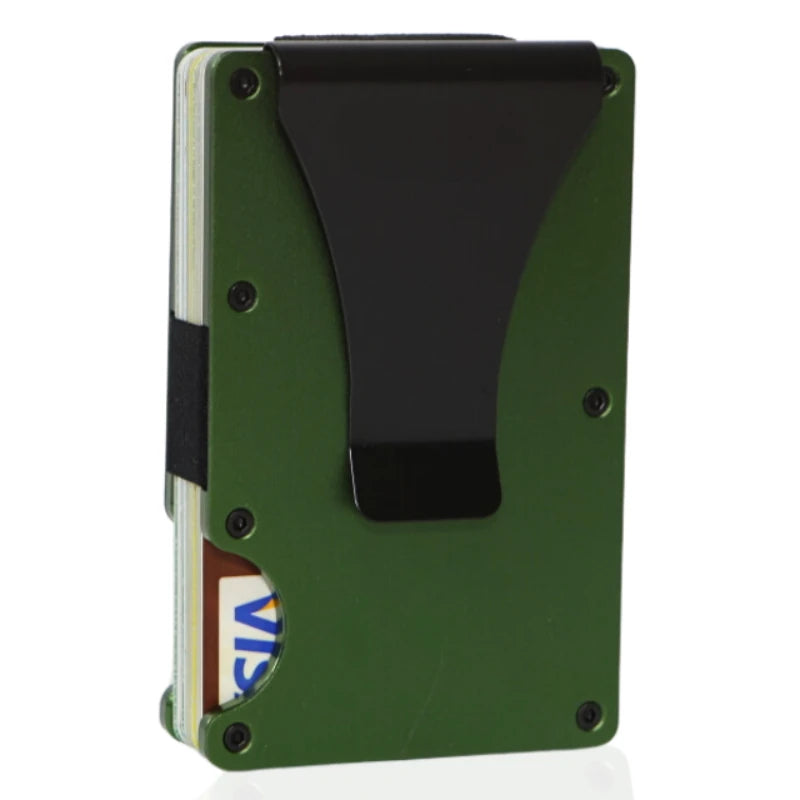 Cartera delgada de aluminio con bloqueo RFID, exterior verde oscuro y cubierta protectora negra.