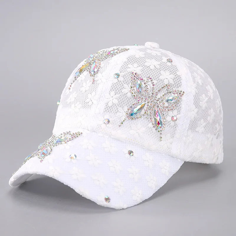 White mesh snapback baseball cap decorated with sparkling floral embroidery