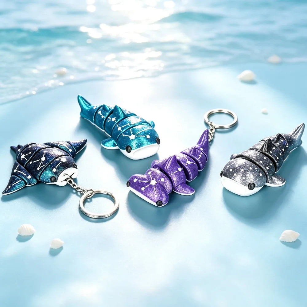 Three blue and purple ocean star-themed devil ray figurines with silver clasps resting on a light blue surface.
