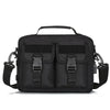 Black tactical multifunction fanny pack with two zippered compartments and a carrying strap