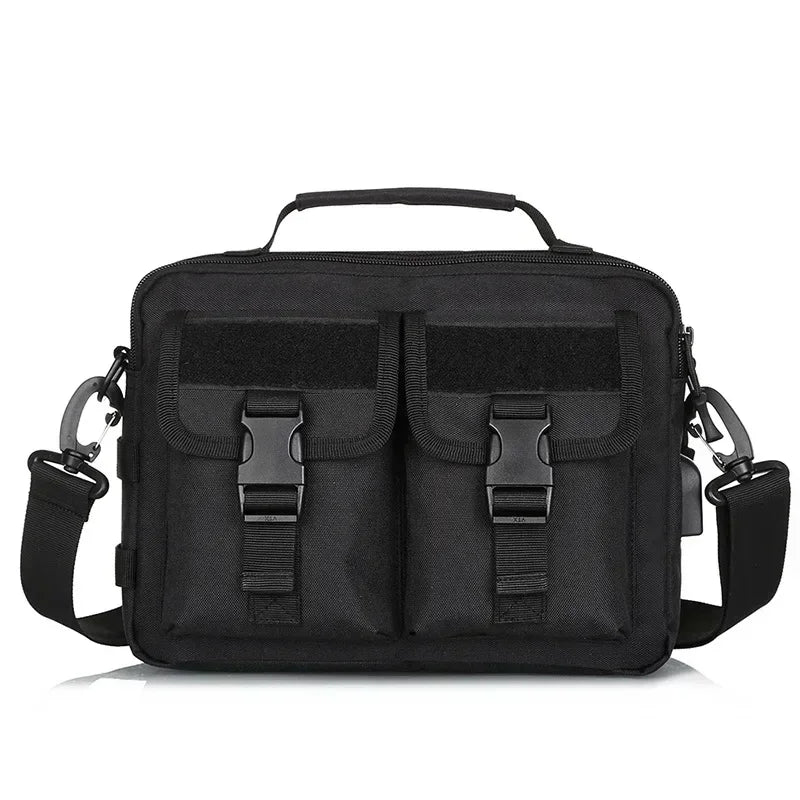 Black tactical multifunction fanny pack with two zippered compartments and a carrying strap