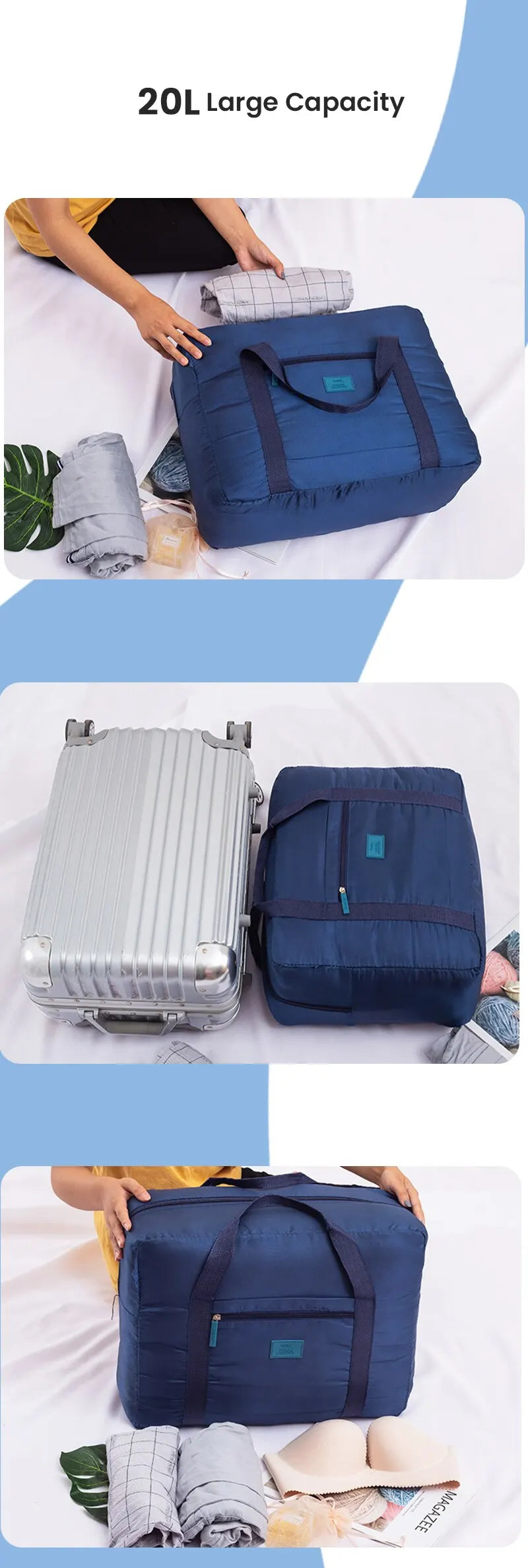 A dark blue foldable travel duffel bag is shown with various items like rolled clothes and a silver suitcase.