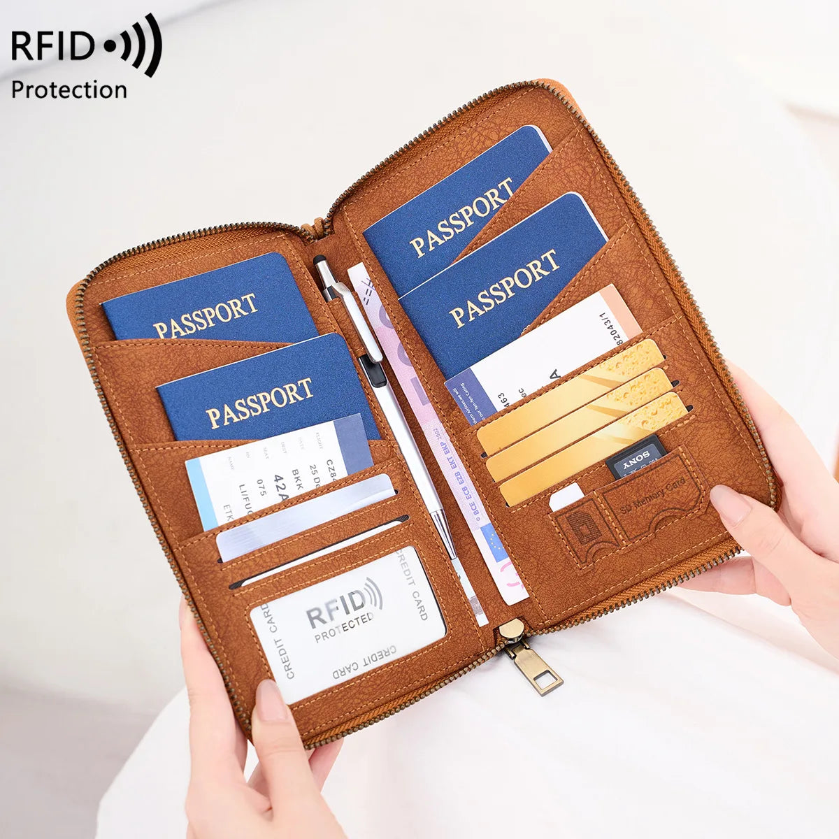 A brown leather multi-functional RFID blocking passport and document holder is shown open, displaying various passports and c