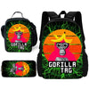 Sac à dos noir avec un graphique de gorille orange et vert, texte Gorilla Tag