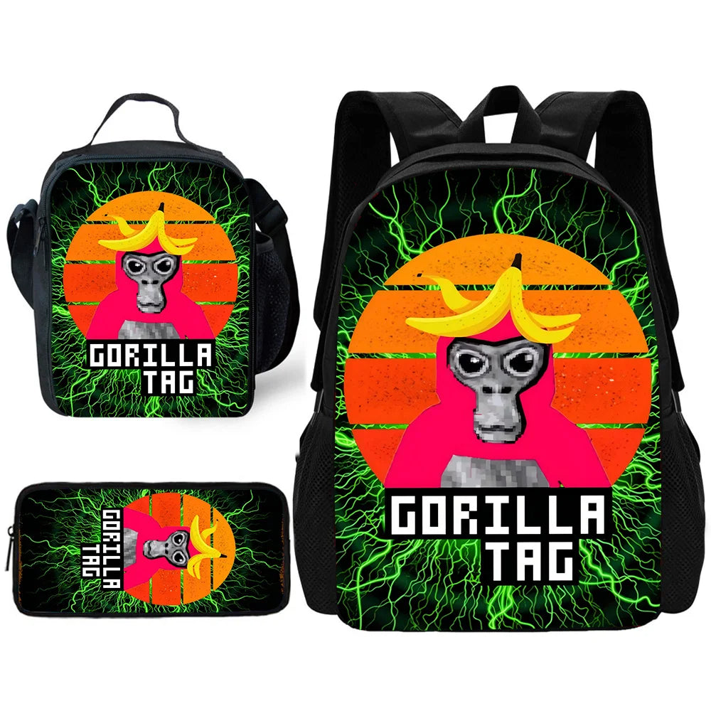 Sac à dos noir avec un graphique de gorille orange et vert, texte Gorilla Tag