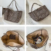 A leopard print canvas crossbody tote bag shown from the front and interior view.