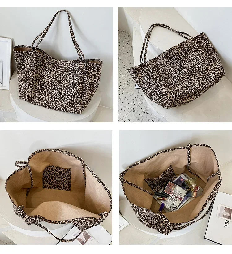 A leopard print canvas crossbody tote bag shown from the front and interior view.