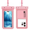 A pink waterproof phone case with a detachable strap shown next to the phone display and back view.