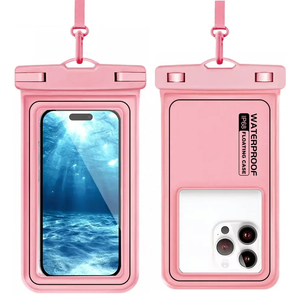 A pink waterproof phone case with a detachable strap shown next to the phone display and back view.