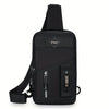 Black adjustable crossbody sling bag with a padded strap and zippered compartments