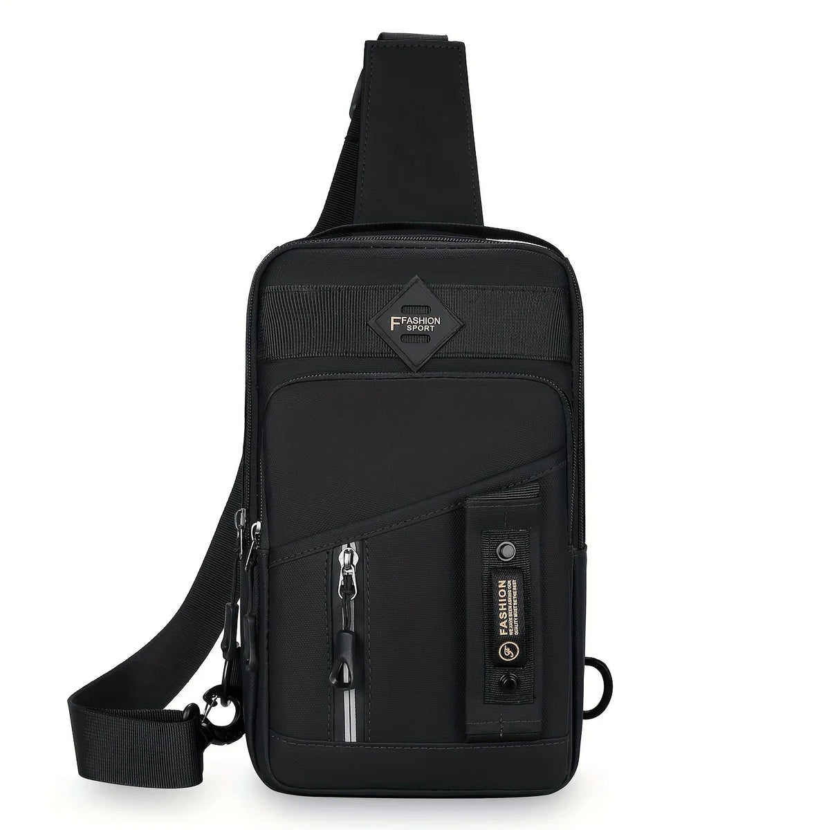 Black adjustable crossbody sling bag with a padded strap and zippered compartments