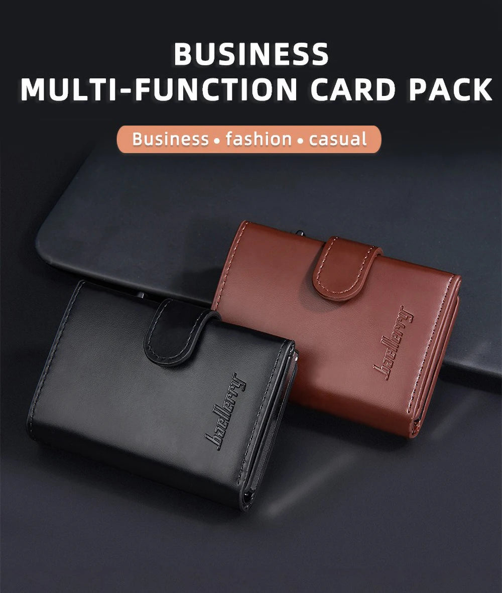A set of business multi-function card packs including a black and brown leather wallet and a black card holder.