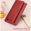 A red leather wallet is shown next to a smartphone and a glass bottle on a pink background.