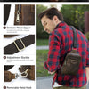 A brown leather crossbody bag worn by a man, showing details of the metal zipper and adjustment buckle.