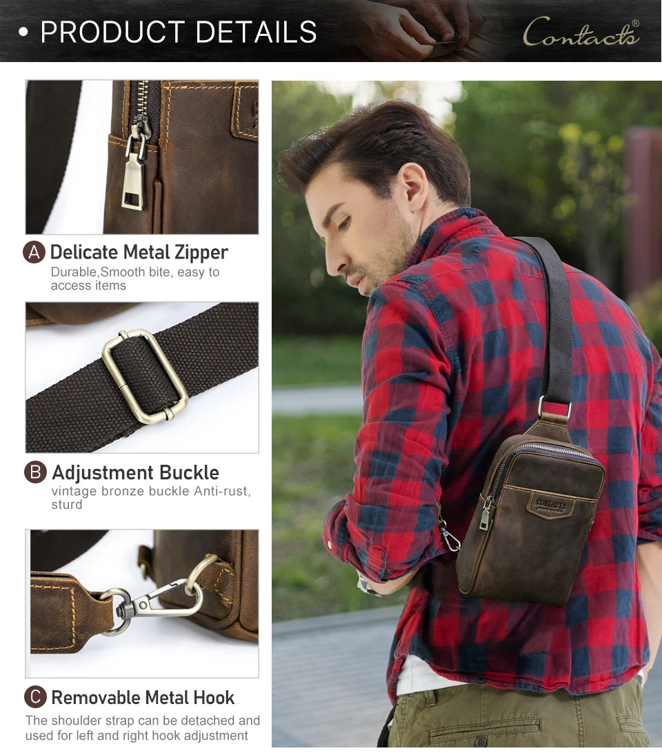 A brown leather crossbody bag worn by a man, showing details of the metal zipper and adjustment buckle.