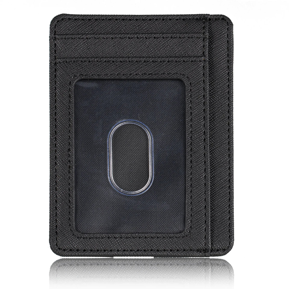 Black slim PU leather card holder wallet with a clear oval window.
