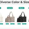 A row of diverse color and size quilted tote bags in pink, beige, camel, black, chocolate, and blue.