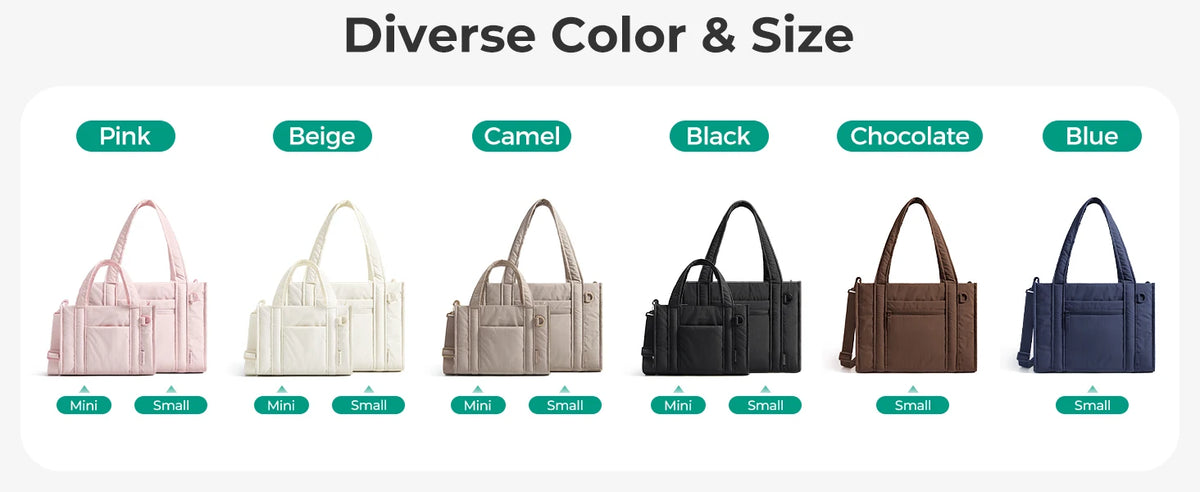 A row of diverse color and size quilted tote bags in pink, beige, camel, black, chocolate, and blue.