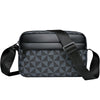 Black men's PU leather shoulder bag with a wide strap featuring a geometric pattern.