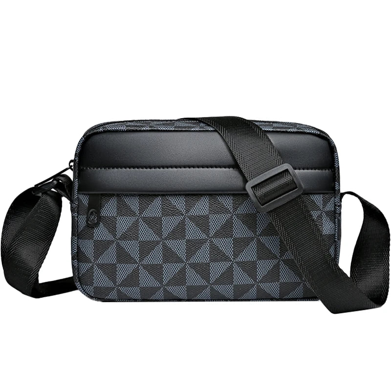 Black men's PU leather shoulder bag with a wide strap featuring a geometric pattern.