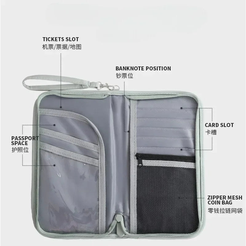Portefeuille organisateur gris de voyage avec plusieurs emplacements pour billets, billets de banque, cartes et passeport.